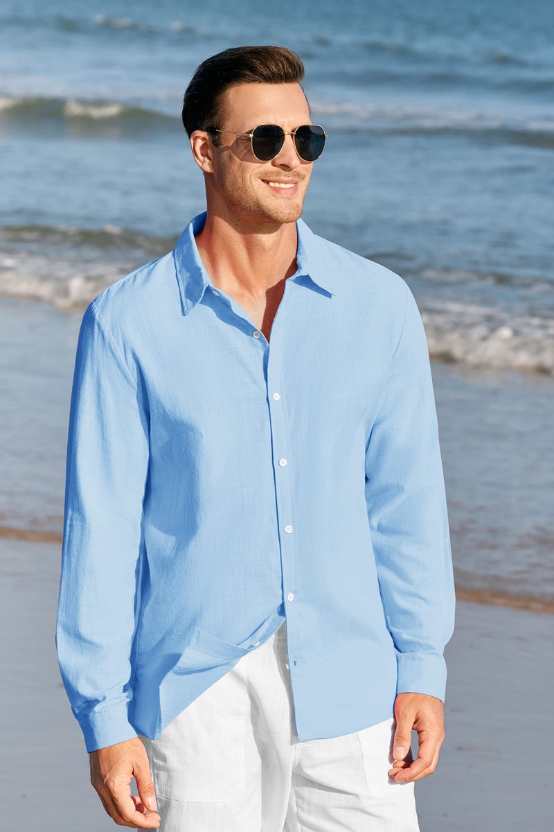 Runcati Mens Button Up Shirts Linen Beach Long Sleeve Casual Cotton Summer Lightweight Tops - Image 3